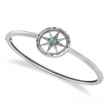 Emerald & Diamond Compass Bangle Bracelet 14k White Gold (0.19ct)