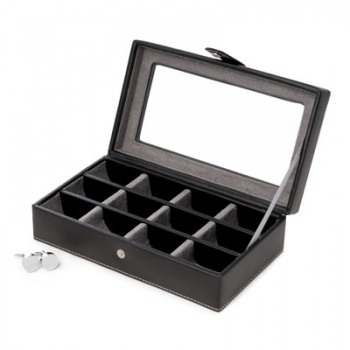 Velour Lined Leather 12 Cufflink Box with Glass Top