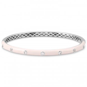 Natural Diamond & Pink Enamel Bangle Bracelet 14K White Gold (0.20ct)