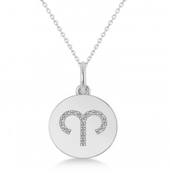 Diamond Aries Zodiac Disk Pendant Necklace 14k White Gold (0.095ct)