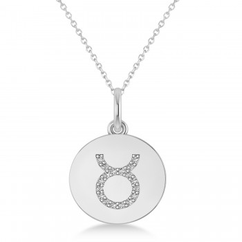Diamond Taurus Zodiac Disk Pendant Necklace 14k White Gold (0.09ct)
