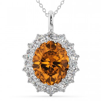 Oval Citrine & Diamond Halo Pendant Necklace 14k White Gold (6.40ct)