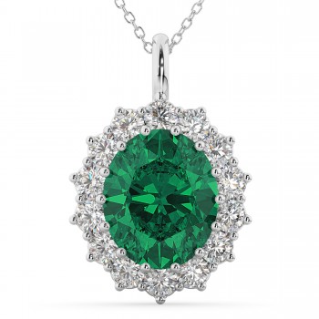 Oval Emerald & Diamond Halo Pendant Necklace 14k White Gold (6.40ct)