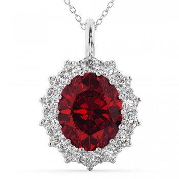 Oval Ruby & Diamond Halo Pendant Necklace 14k White Gold (6.40ct)