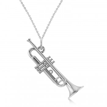 Trumpet Music Charm Pendant Necklace 14K White Gold