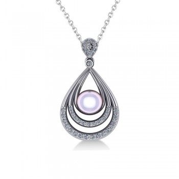 Pearl & Diamond Tear Drop Pendant Necklace 14k White Gold (0.46ct)