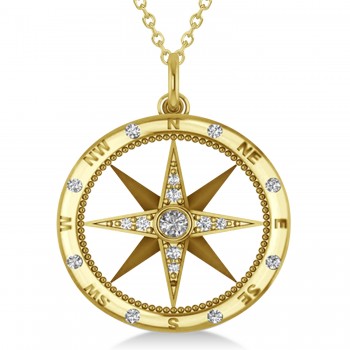 Compass Necklace Pendant For Men Diamond Accented 14k Yellow Gold (0.45ct)