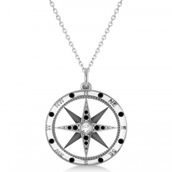 Compass Pendant For Men Black & White Diamond Accented 14k White Gold (0.45ct)