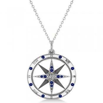 Compass Pendant For Men Blue Sapphire & Diamond Accented 14k White Gold (0.45ct)
