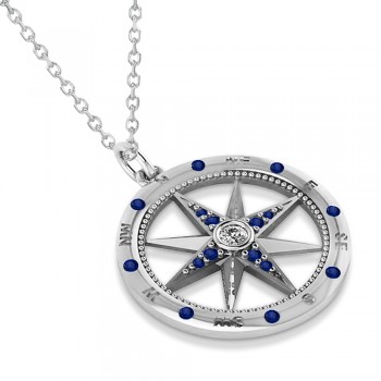 Compass Pendant For Men Blue Sapphire & Diamond Accented 14k White Gold (0.45ct)