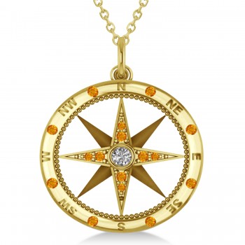 Compass Pendant For Men Citrine & Diamond Accented 14k Yellow Gold (0.45ct)