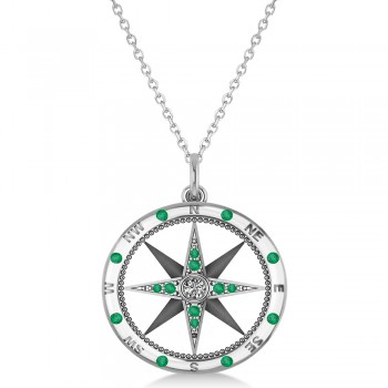 Compass Pendant For Men Emerald & Diamond Accented 14k White Gold (0.45ct)
