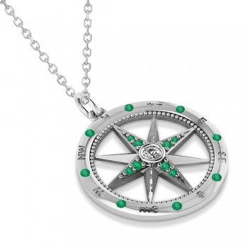Compass Pendant For Men Emerald & Diamond Accented 14k White Gold (0.45ct)