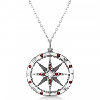 Compass Pendant For Men Garnet & Diamond Accented 14k White Gold (0.45ct)