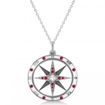 Compass Pendant For Men Ruby & Diamond Accented 14k White Gold (0.45ct)