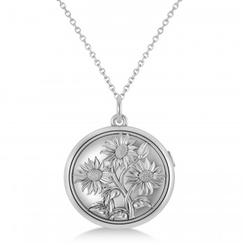 Sunflower Locket Pendant Necklace 14k White Gold