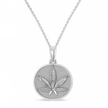 Marijuana Leaf Charm Disk Pendant Necklace 14K White Gold Marijuana Leaf Charm Disk Pendant Necklace 14K White Gold