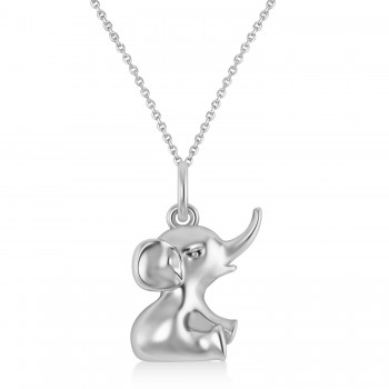 Cute Baby Elephant Charm Pendant Necklace 14K White Gold