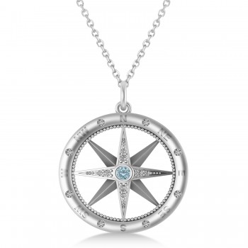 Compass Pendant For Men Aquamarine & Diamond Accented 14k White Gold (0.38ct)