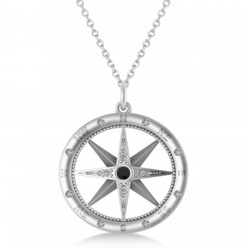 Compass Pendant For Men Black & White Diamond Accented 14k White Gold (0.38ct)