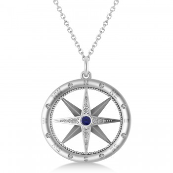 Compass Pendant For Men Blue Sapphire & Diamond Accented 14k White Gold (0.38ct)
