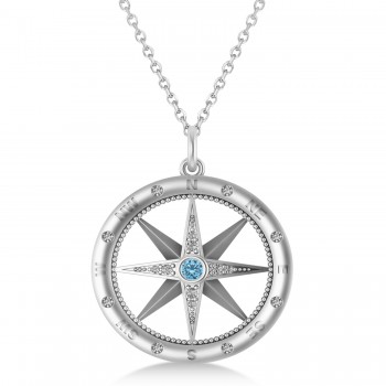 Compass Pendant For Men Blue Topaz & Diamond Accented 14k White Gold (0.38ct)
