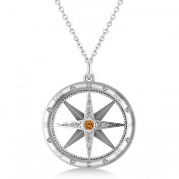 Compass Pendant For Men Citrine & Diamond Accented 14k White Gold (0.38ct)