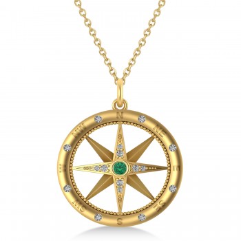 Compass Pendant For Men Emerald & Diamond Accented 14k Yellow Gold (0.38ct)