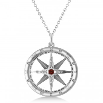 Compass Pendant For Men Garnet & Diamond Accented 14k White Gold (0.38ct)