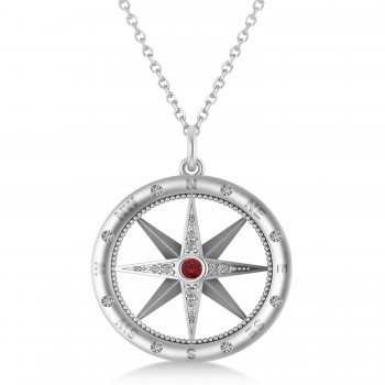 Compass Pendant For Men Ruby & Diamond Accented 14k White Gold (0.38ct)