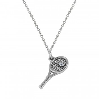 Tennis Racket With Diamond Ball Charm Pendant Necklace 14K White Gold (0.03ct)
