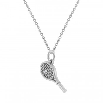 Tennis Racket With Diamond Ball Charm Pendant Necklace 14K White Gold (0.03ct)