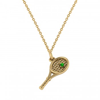 Tennis Racket With Emerald Ball Charm Pendant Necklace 14K Yellow Gold (0.03ct)