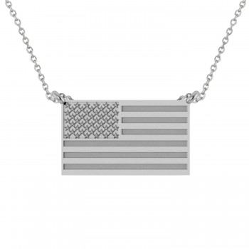 USA Flag Patriotic Pendant Necklace 14K White Gold