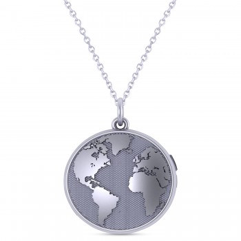Earth's Geography Charm Locket Pendant Necklace 14K White Gold