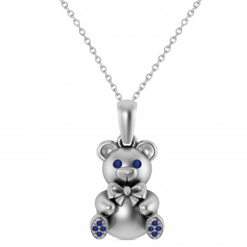 Blue Sapphire Teddy Bear Charm Pendant Necklace 14K White Gold (0.12ct)