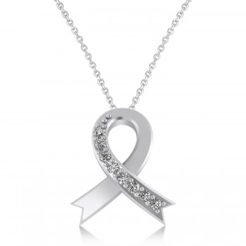 Diamond Awareness Ribbon Charm Pendant Necklace 14K White Gold (0.12ct)