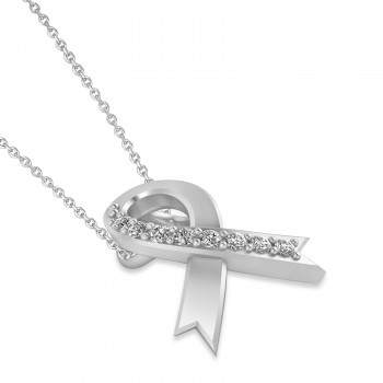 Diamond Awareness Ribbon Charm Pendant Necklace 14K White Gold (0.12ct)