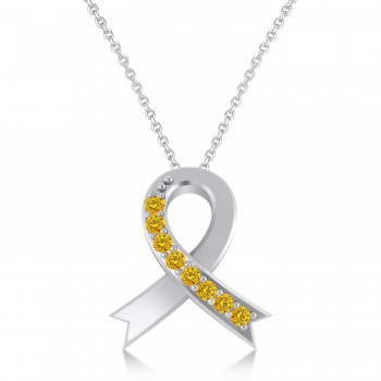 Yellow Sapphire Ribbon Awareness Charm Pendant Necklace 14K White Gold (0.13ct)