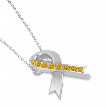 Yellow Sapphire Ribbon Awareness Charm Pendant Necklace 14K White Gold (0.13ct)