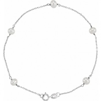 Cultured Freshwater Pearl Station Bracelet 14K White Gold (4mm)