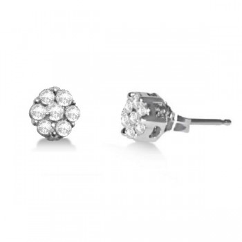 Diamond Round Flower Cluster Stud Earrings 14k White Gold (0.75ct)