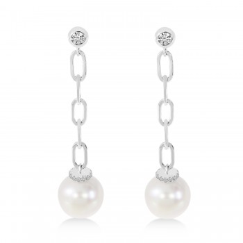 Diamond & Pearl Paperclip Link Earrings 14k White Gold (0.15ct)