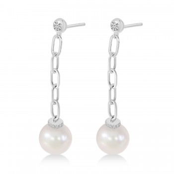 Diamond & Pearl Paperclip Link Earrings 14k White Gold (0.15ct)