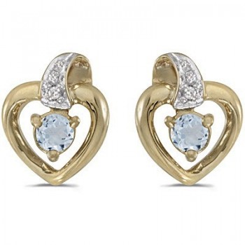 Aquamarine and Diamond Heart Earrings 14k Yellow Gold (0.20ct)