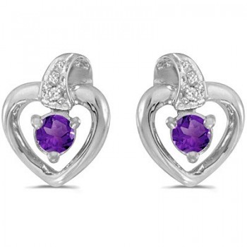 Amethyst and Diamond Heart Earrings 14k White Gold (0.20ct)