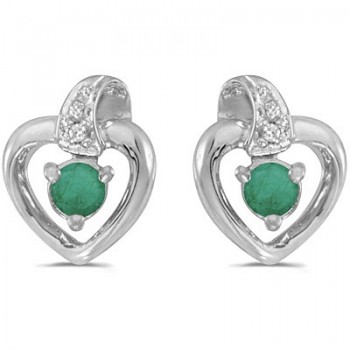 Emerald and Diamond Heart Earrings 14k White Gold (0.20ct)