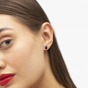 Pear Garnet and Diamond Stud Earrings 14k White Gold (1.72ct)