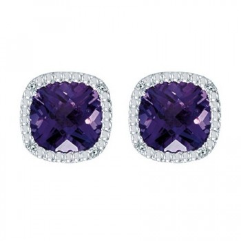 Cushion-Cut Amethyst and Diamond Earrings in 14k White Gold