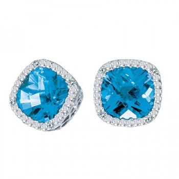 Cushion-Cut Blue Topaz and Diamond Earrings in 14k White Gold